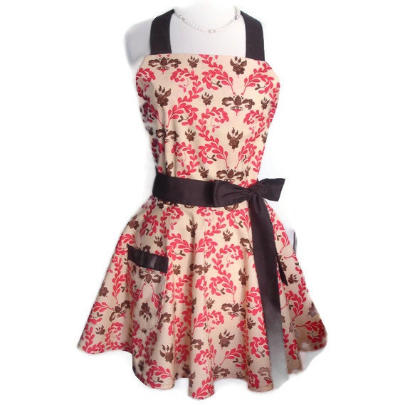 Flirty Women's Classic Full Hostess Apron - Cute Autumn Leaves with Brown Ties