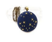 Navy Blue and Gold Star Large Galaxy Cross Stitch Necklace on Antique Brass Convertible Jewelry Chain