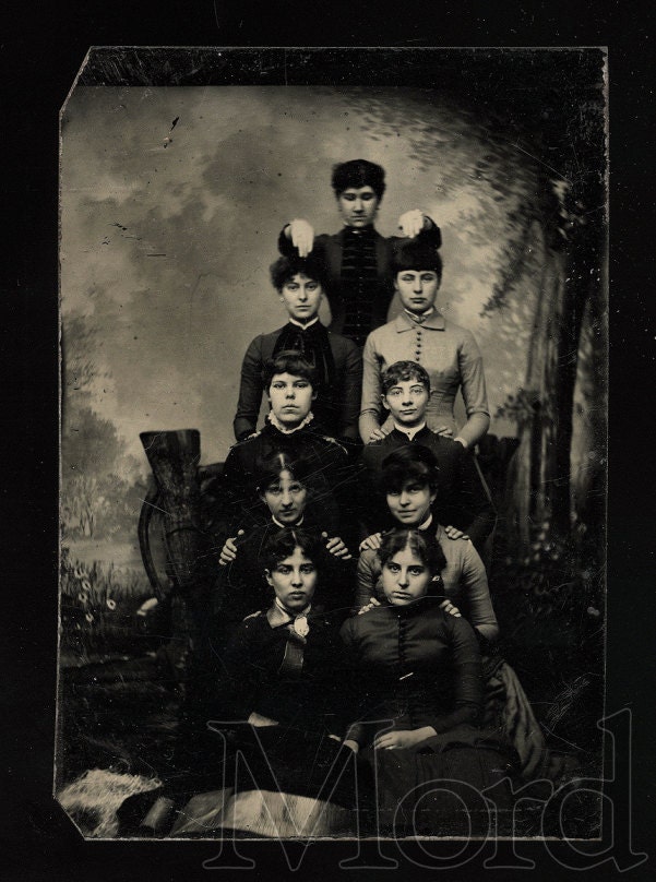 Unusual Antique Tintype Photo / Group of 9 Teen Girls Forming a Human Pyramid