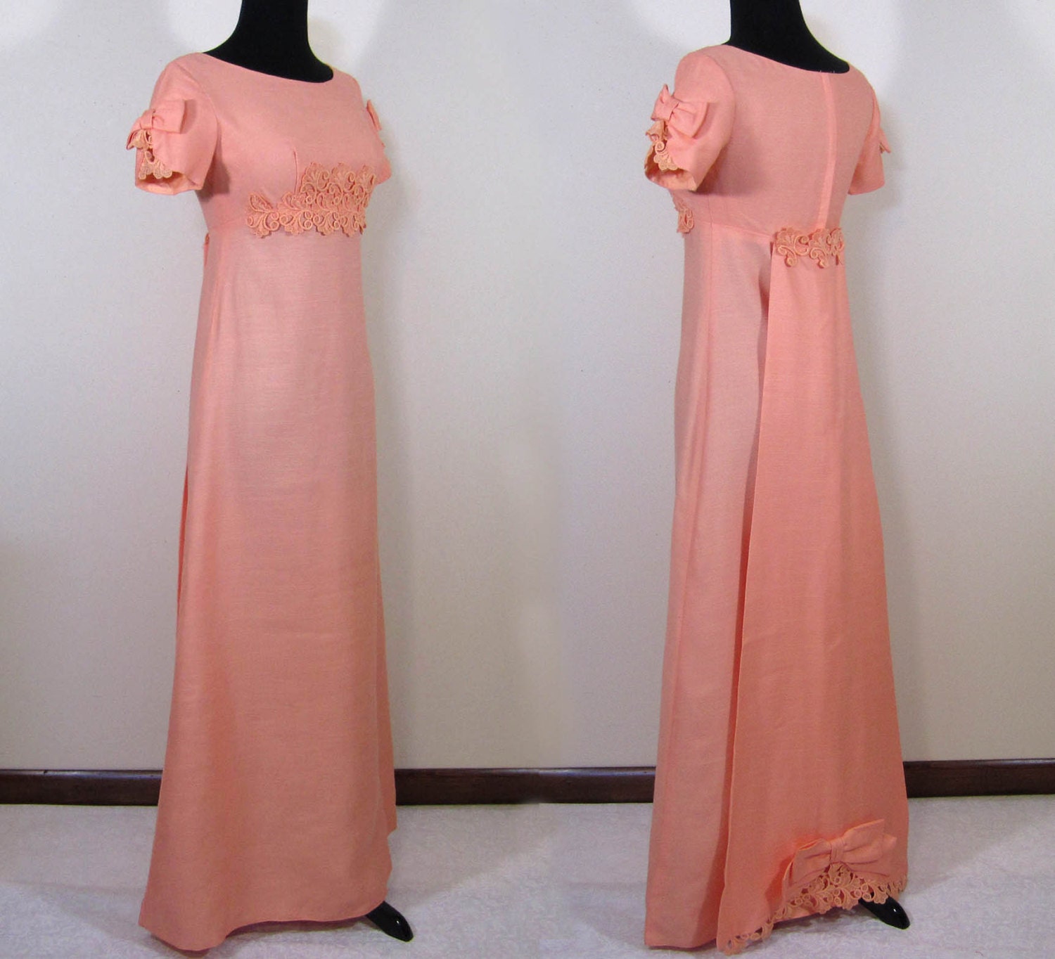Vintage Empire Waist Dress - "Sylvia Ann" 60s-70s Apricot Woven Prom, Party Formal - Cluny Lace trim - S Juniors