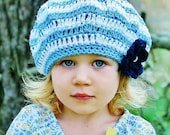 Girls Hat, Crochet, slouchy, bert, Toddler, Girls, Teen, Blue, White, Handmade, Spring, Knit, Kids, Accessories