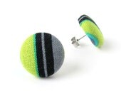 Green blue black gray grey button earrings studs stripes funky bright
