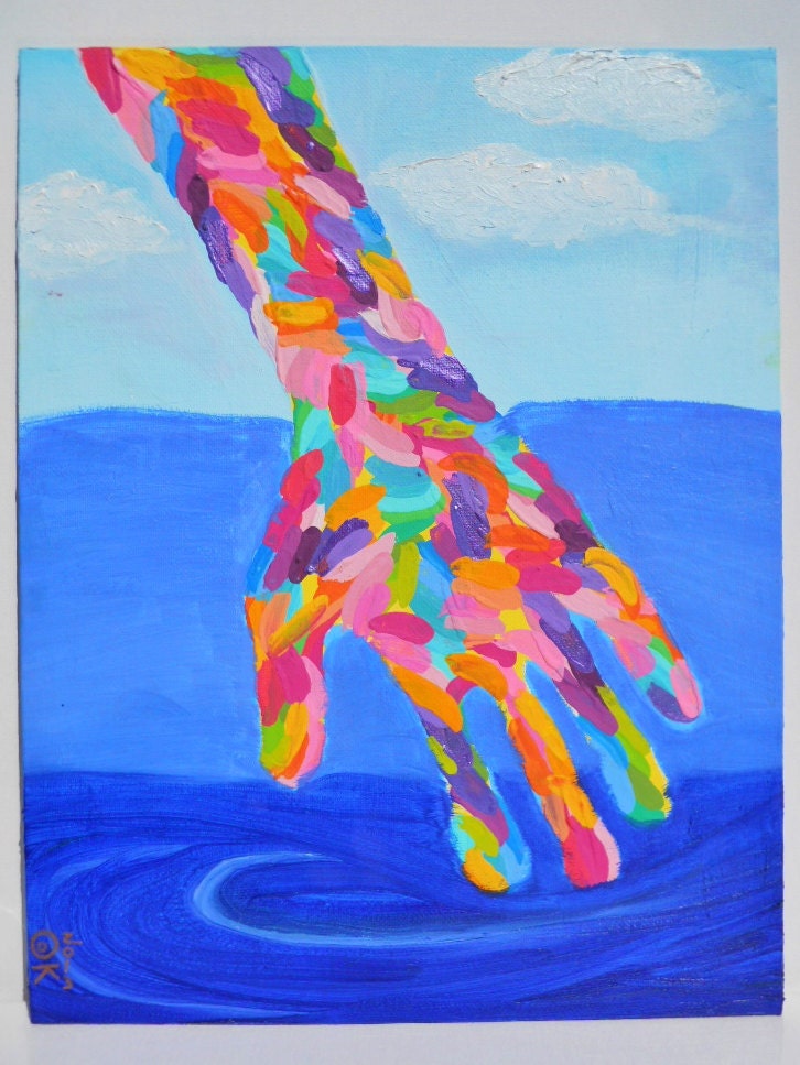 Colorful Hand Work Mixed Media Painting, Acrylic & Oil Signed Original 11" x 14"