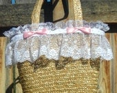 Pink Country Lolita straw and lace tote bag