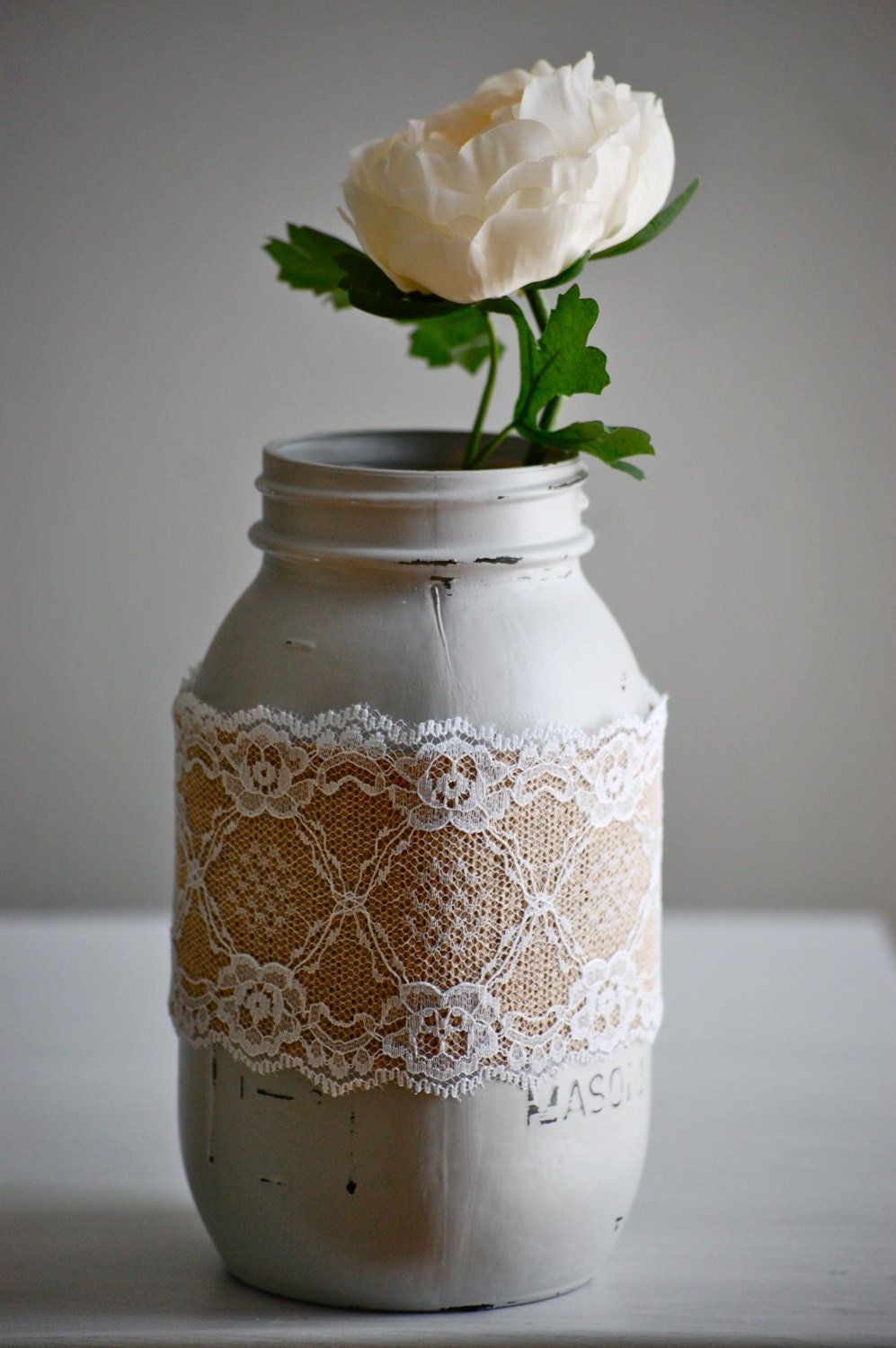Painted & distressed mason jar with burlap/lace overlay, rustic wedding decor, farmhouse home decor, shabby chic mason jar, cottage decor