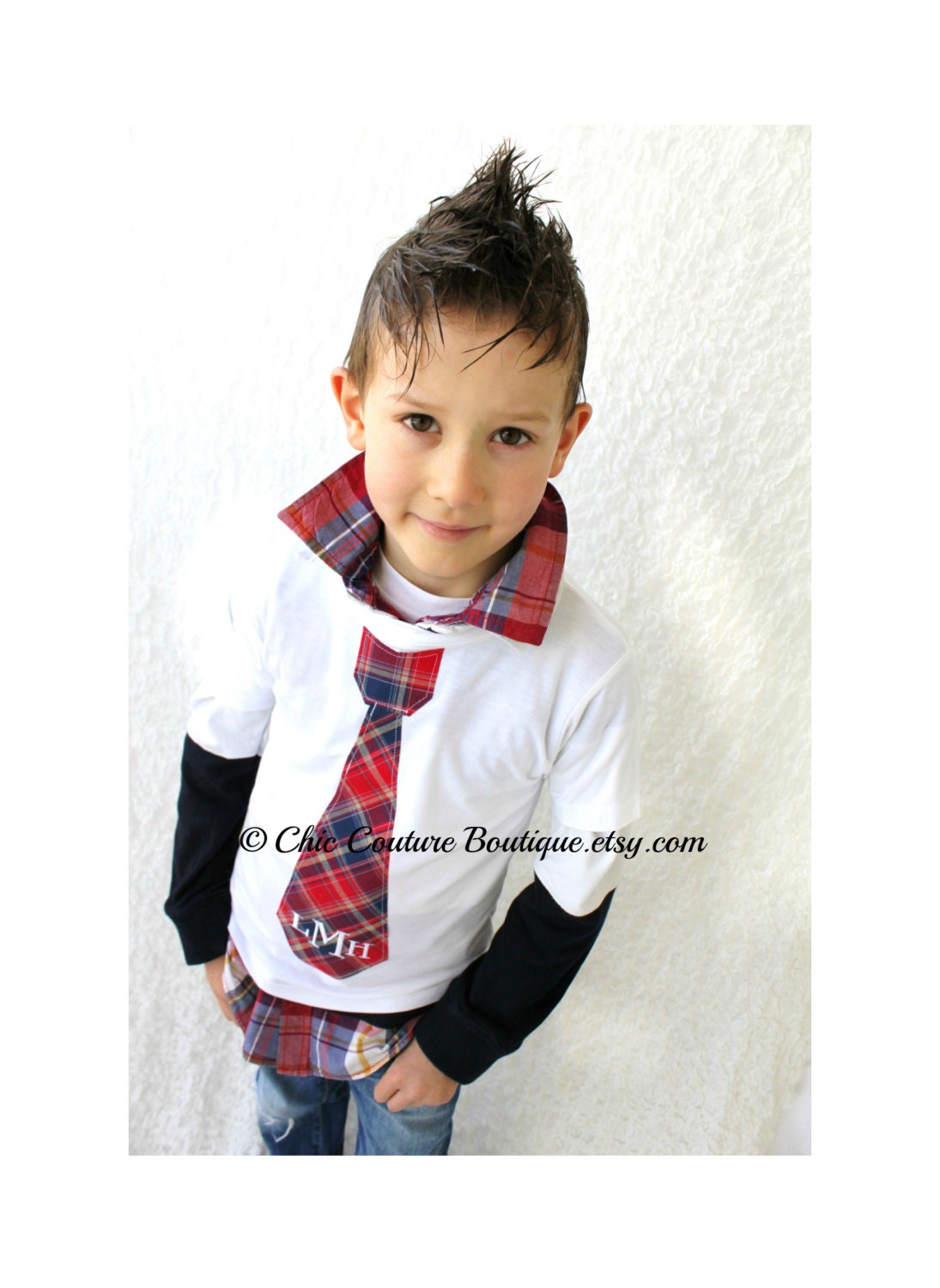 Children Clothing, Easter Spring Plaid Personalized Short Sleeve Tie T-Shirt. Any Tie, Size & Monogrammed Personalized Embroidery. Wedding
