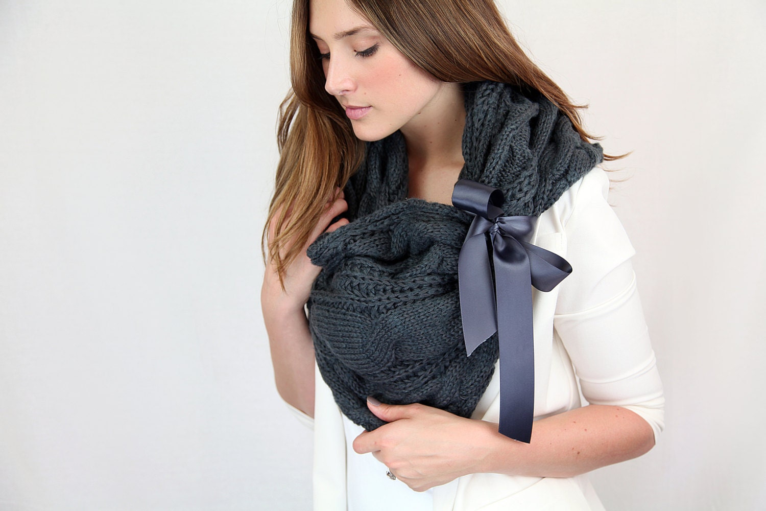 chunky knit ldark gray infinity scarf with large satin bow cuff, gray cable knit