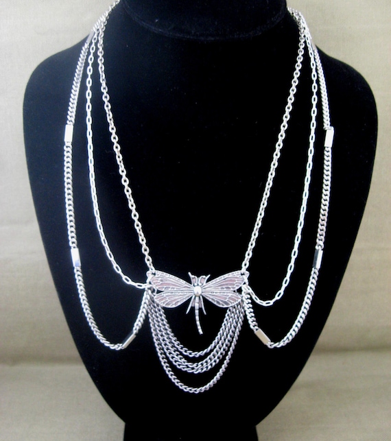 Silver Dragonfly Body Chains Multi Strand Bib Necklace