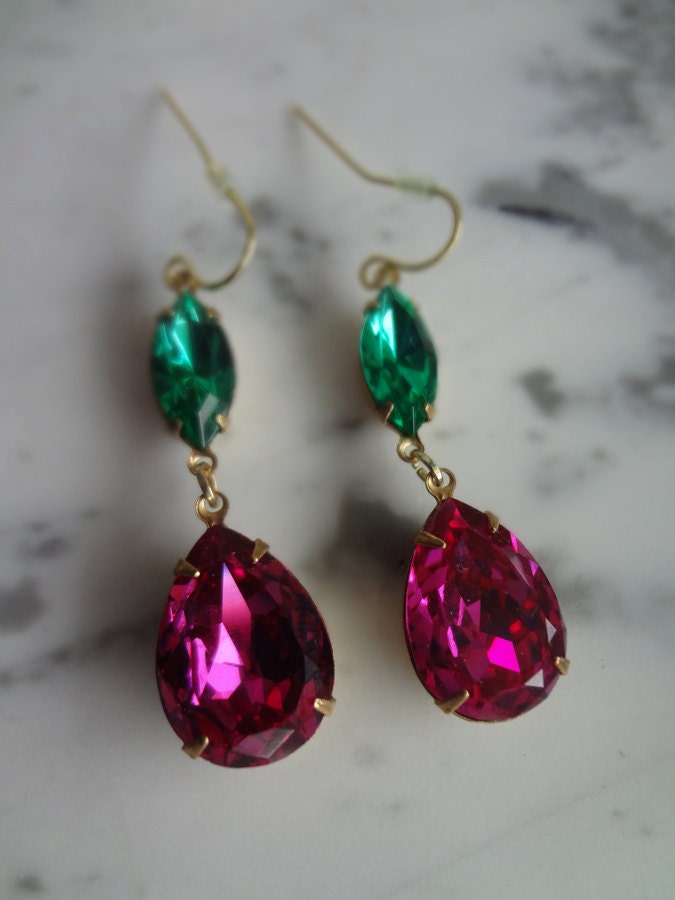Swarovski Fuchsia Pear & Light Emerald Navette Rhinestone Earrings