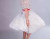 1950s 1960s dress . mid century baby blue flocked chiffon party dress .