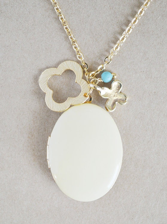 Gold Clover Lucky Charm Necklace & Honey Yellow Enamel Locket