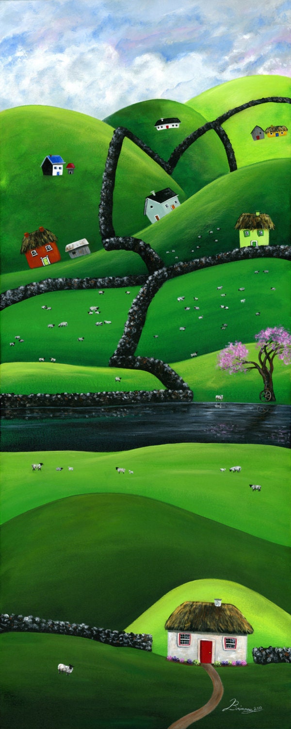 Hilly Highlands 40x16 Spring Original Folk Art Acrylic Painting with Straw Roof Irish Cottages Homes Sheep River Rock Walls