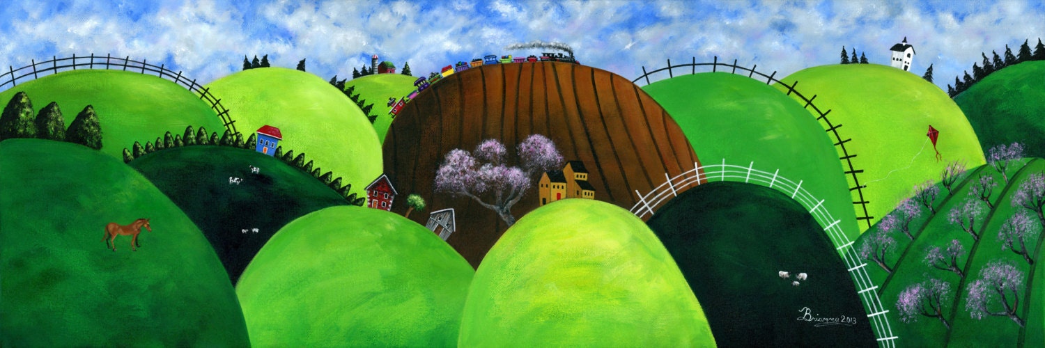 Hilly Humbly 12x36 Spring Original Folk Art Acrylic Painting with Country Homes Sheep Horse Cows Train White Church Red Barn Silo
