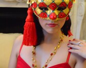 Venetian Holiday Mask - Red Tassel and Gold filigree flowers Green and crystal rhinestones Christmas New Years Masquerade Day of the Dead