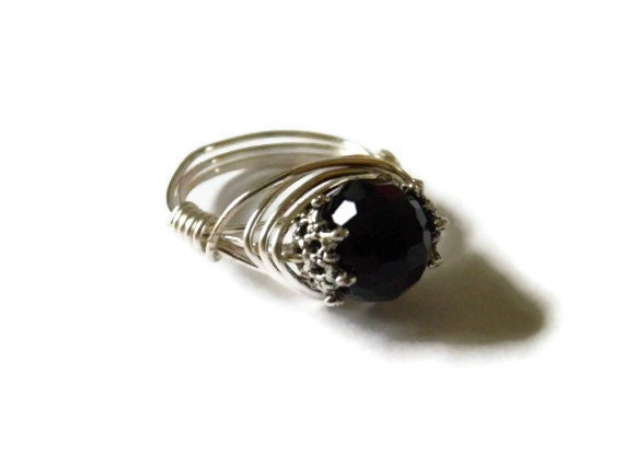 Black crystal silver wire wrapped cocktail ring Gothic goth Valentines day gift teen girl - TheRottenRooster