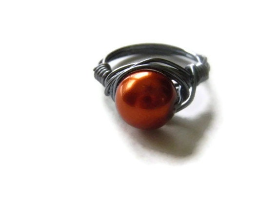 Gray  and rust orange pearl wire wrapped cocktail ring fall rustic gift