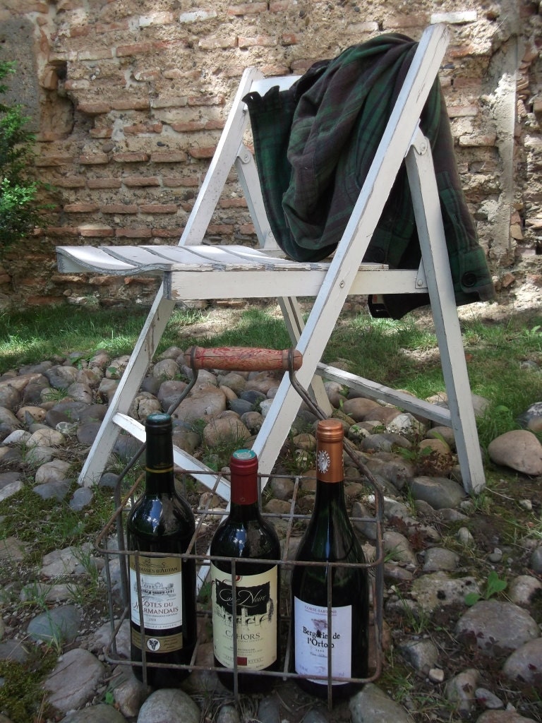 Authentic French Vintage Metal Bottle Basket or Wine Rack