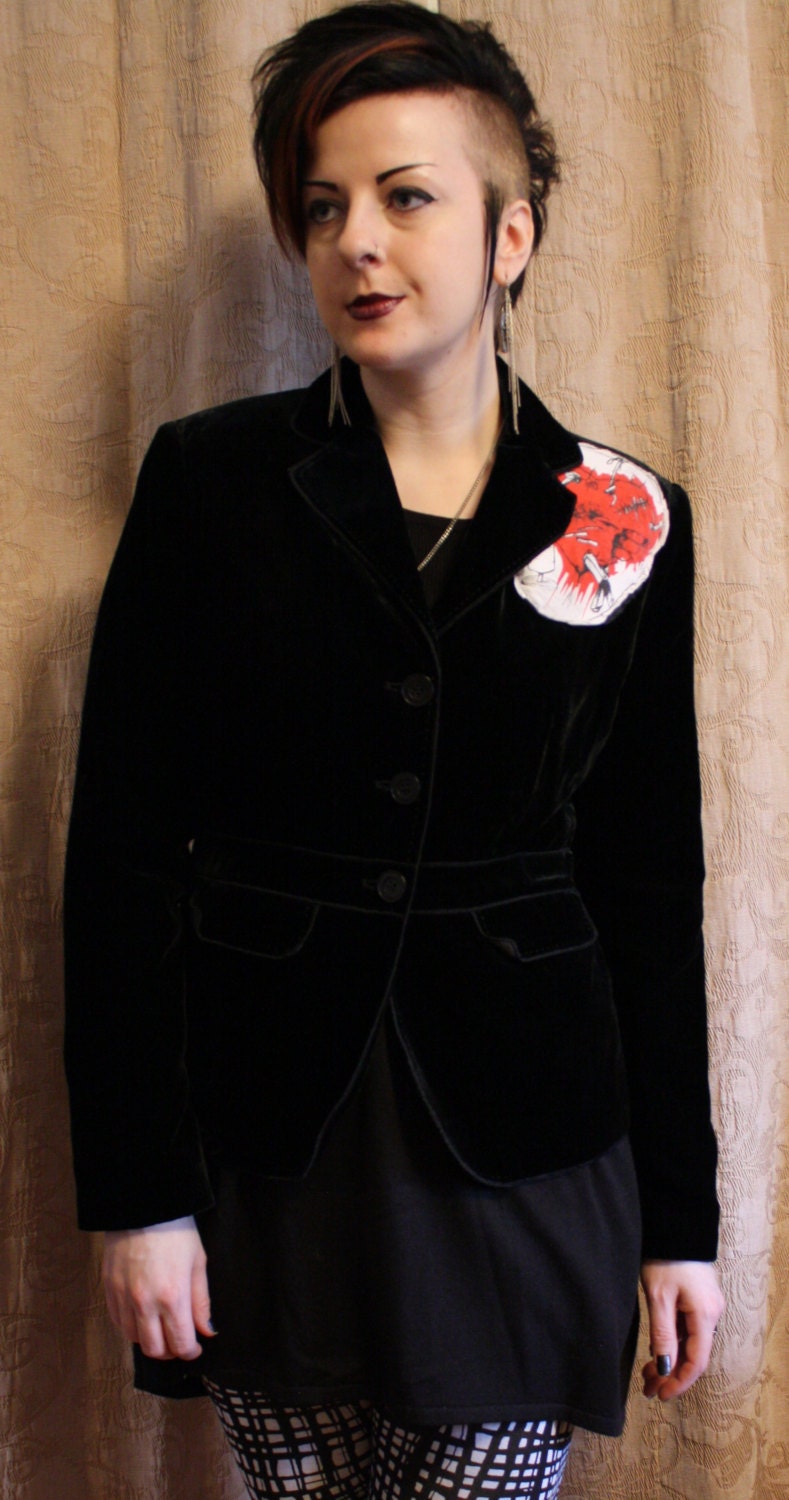 Upcycled Anatomical Heart black Velvet Velour Jacket Deathrock Goth Blazer