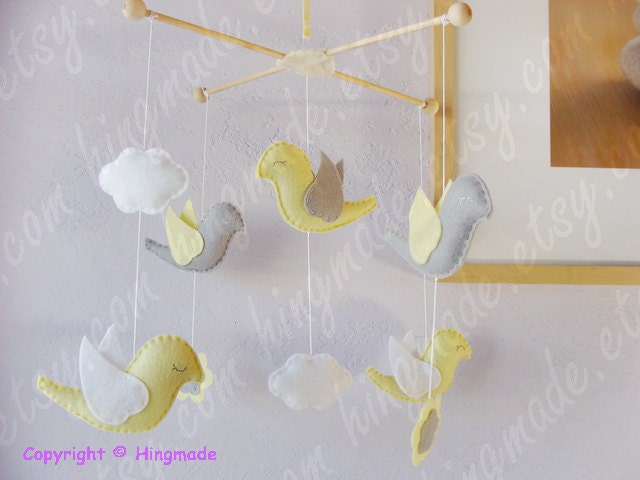 Baby Crib Mobile - Bird Mobile - Baby Shower Decor - Modern Mobile - Soft Yellow Gray White Birds Baby Mobile  (You can Choose your colors)