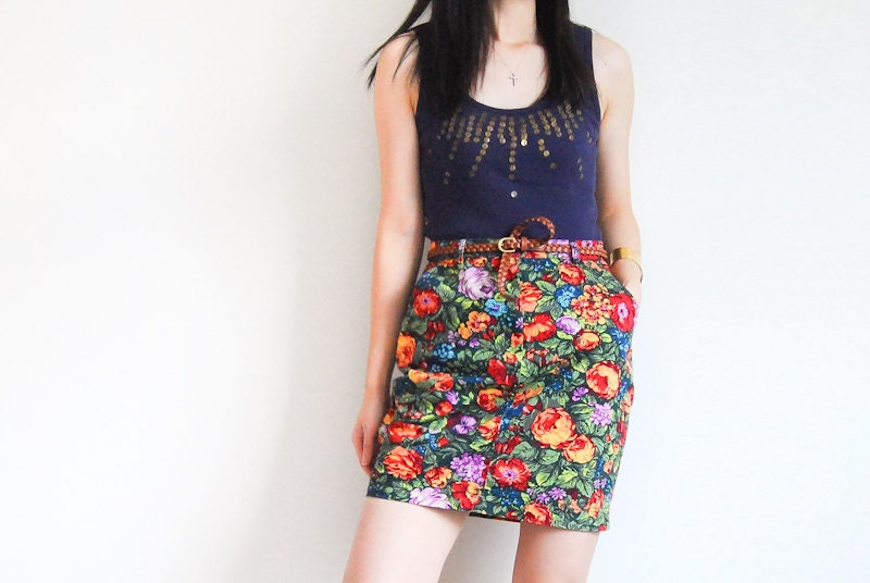 Vintage Psychedelic Flowers Denim Mini Pencil Skirt - Blossom Medley