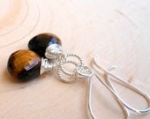 Tigers Eye Earrings Sterling Silver Wire Wrapped Briolette Wood Grain Gemstone Natural