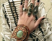Leather Cuff African Turquoise Stone Tooled Design Wide Boho Karen Kell Collection