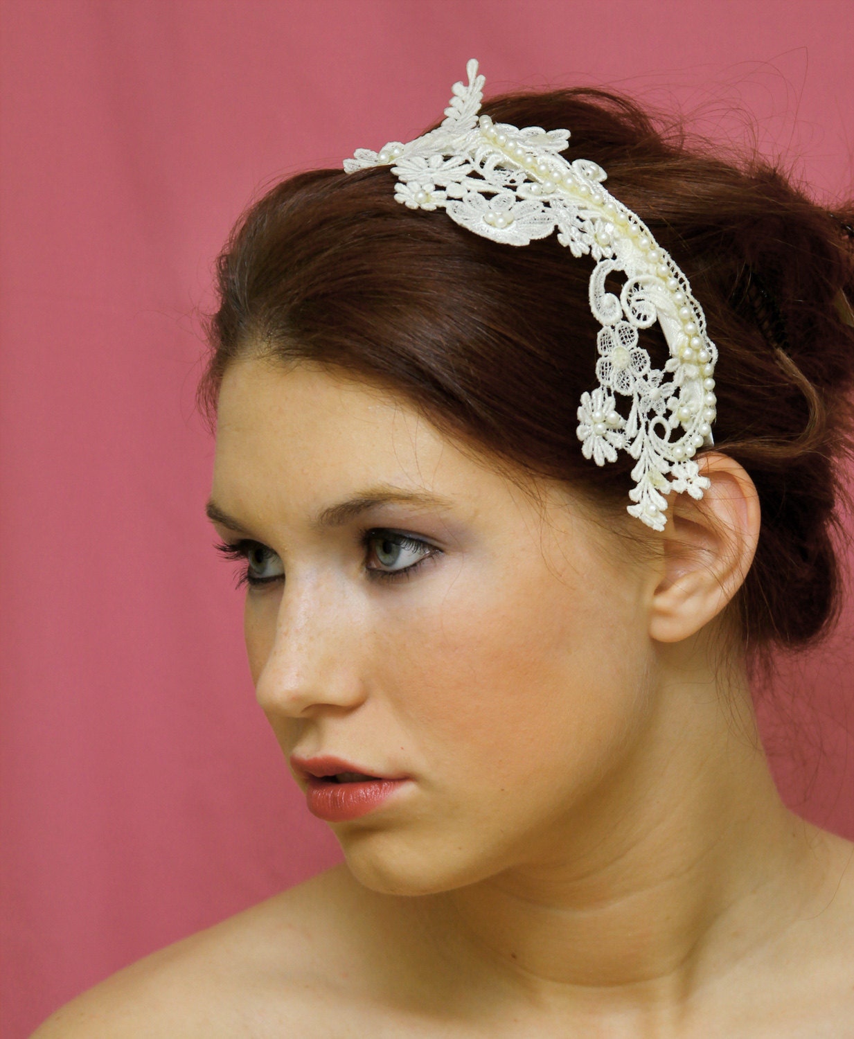 Pearl floral lace bridal headband, cream, ready to ship