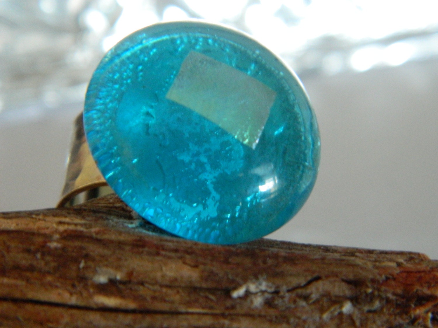 Fused Glass Acqua Blue silver Cocktail Ring