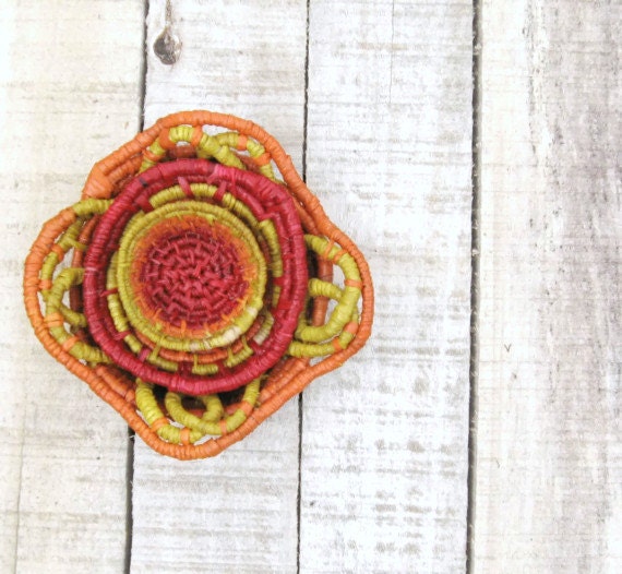 Summer Sun Nesting Bowls -3 Hand Woven- Coiled Raffia -Red Yellow Orange