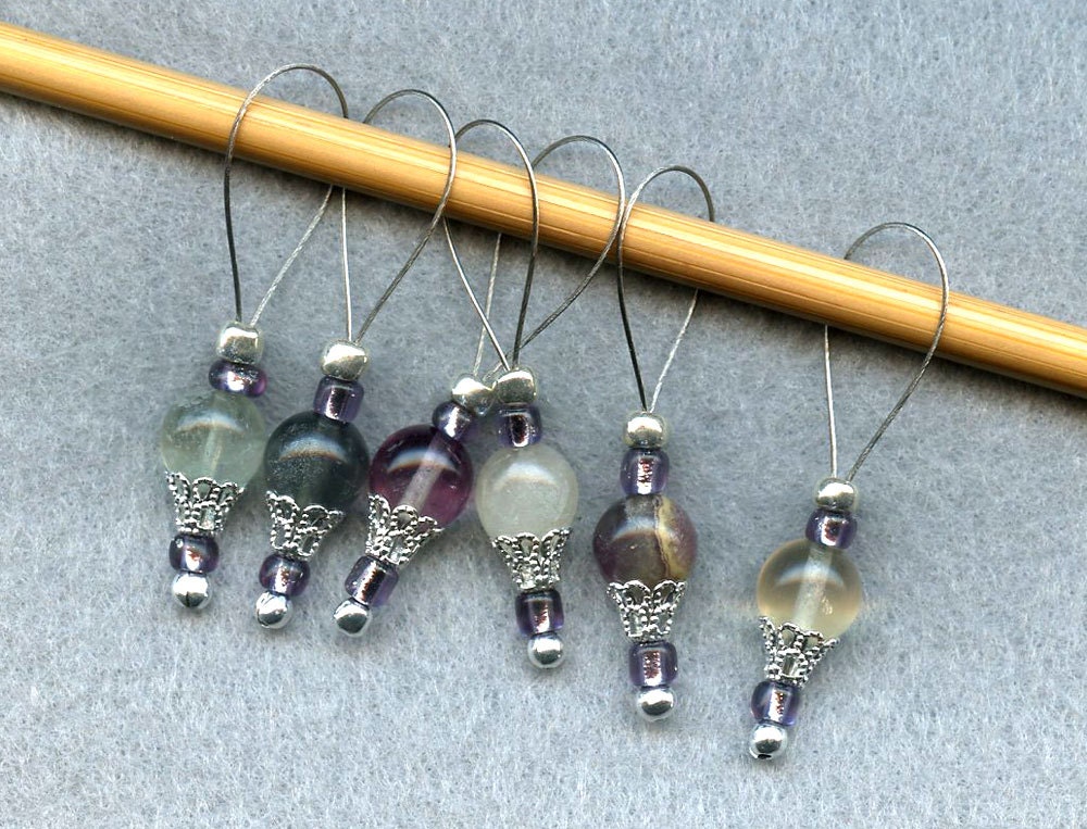 Knitting Stitch Markers Fluorite Large Size Snag Free Semi-Precious Fluorite and Glass Beads