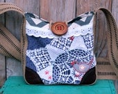 Leah Hip Bag in hand-dyed grey lace, vintage doily, grey and white chevron, coral-red hand-stitched bird & leather detail