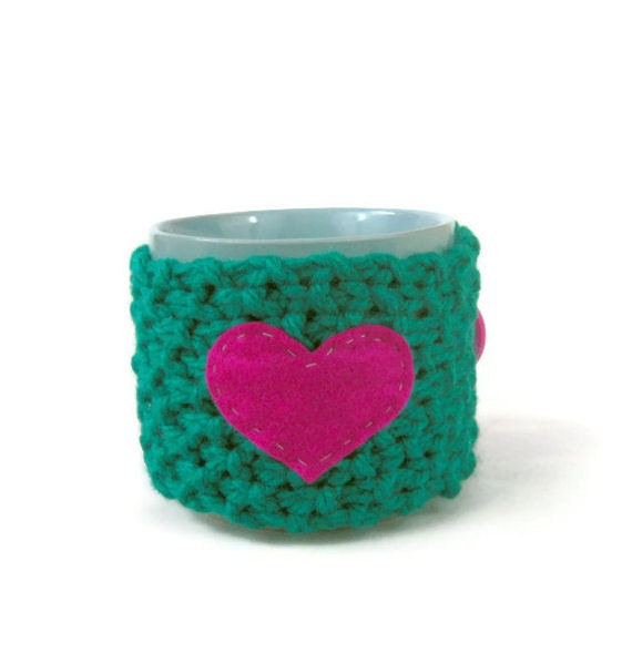 Knit mug cosy mug sweater colorful funky coffee cup cover in emerald green with a hot pink love heart