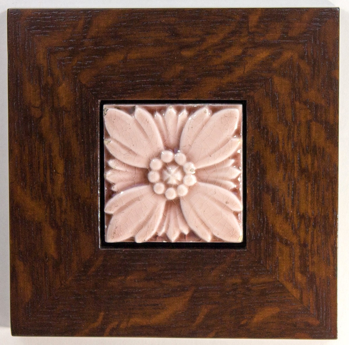 Framed Antique Trent Tile (ca 1870) Stylized Flower in Mauve Glaze