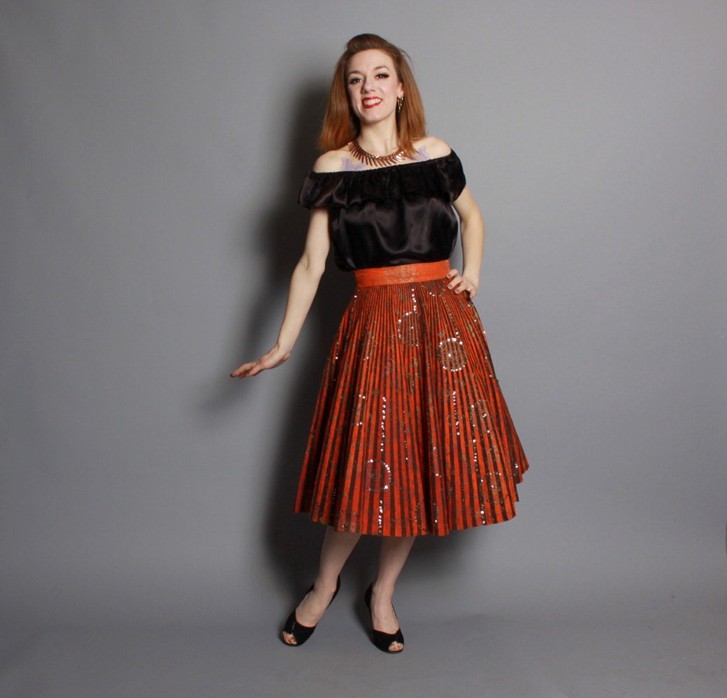 1950s Mexican Circle SKIRT / Silver SEQUINS, Metallic Handpainted / Red & Black Stripes, s