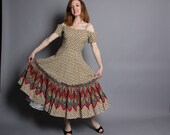 50s BATIK Folk Print SUN DRESS  / Off Shoulder / Full Ruffled Skirt, m