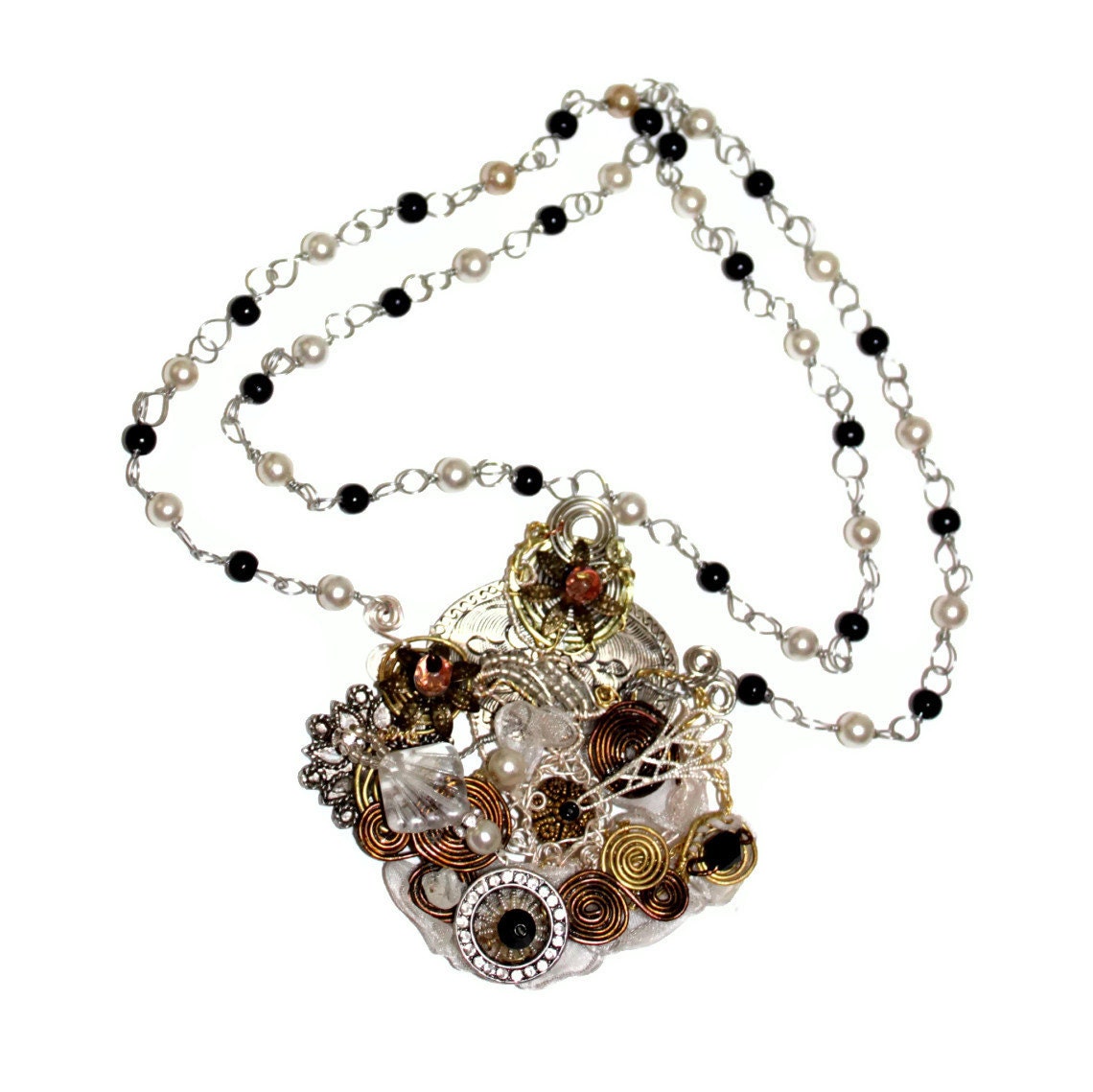 wire pendant necklace, steampunkish, swirls, pearls, beads, ribbons - unique five layers