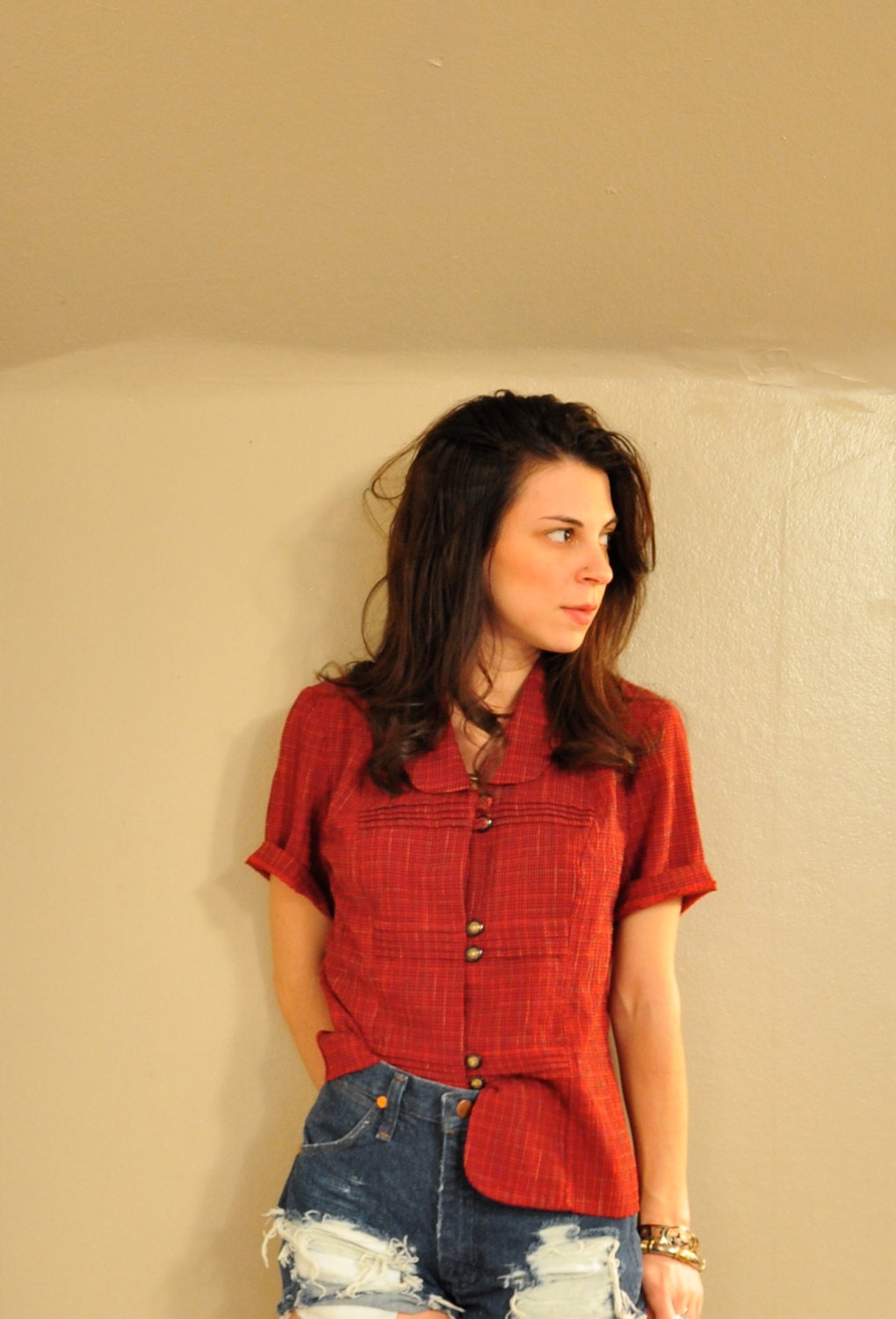 vintage red and gold button up, small-medium
