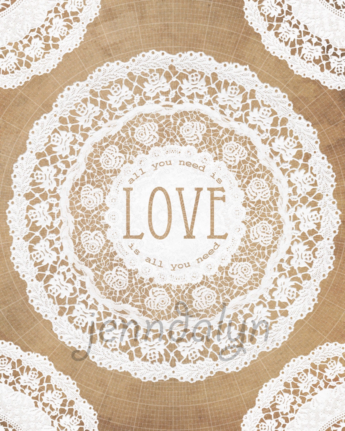 white lace summer wedding love quote HUGE 16 x 20 shabby chic art print beatles song paper doily