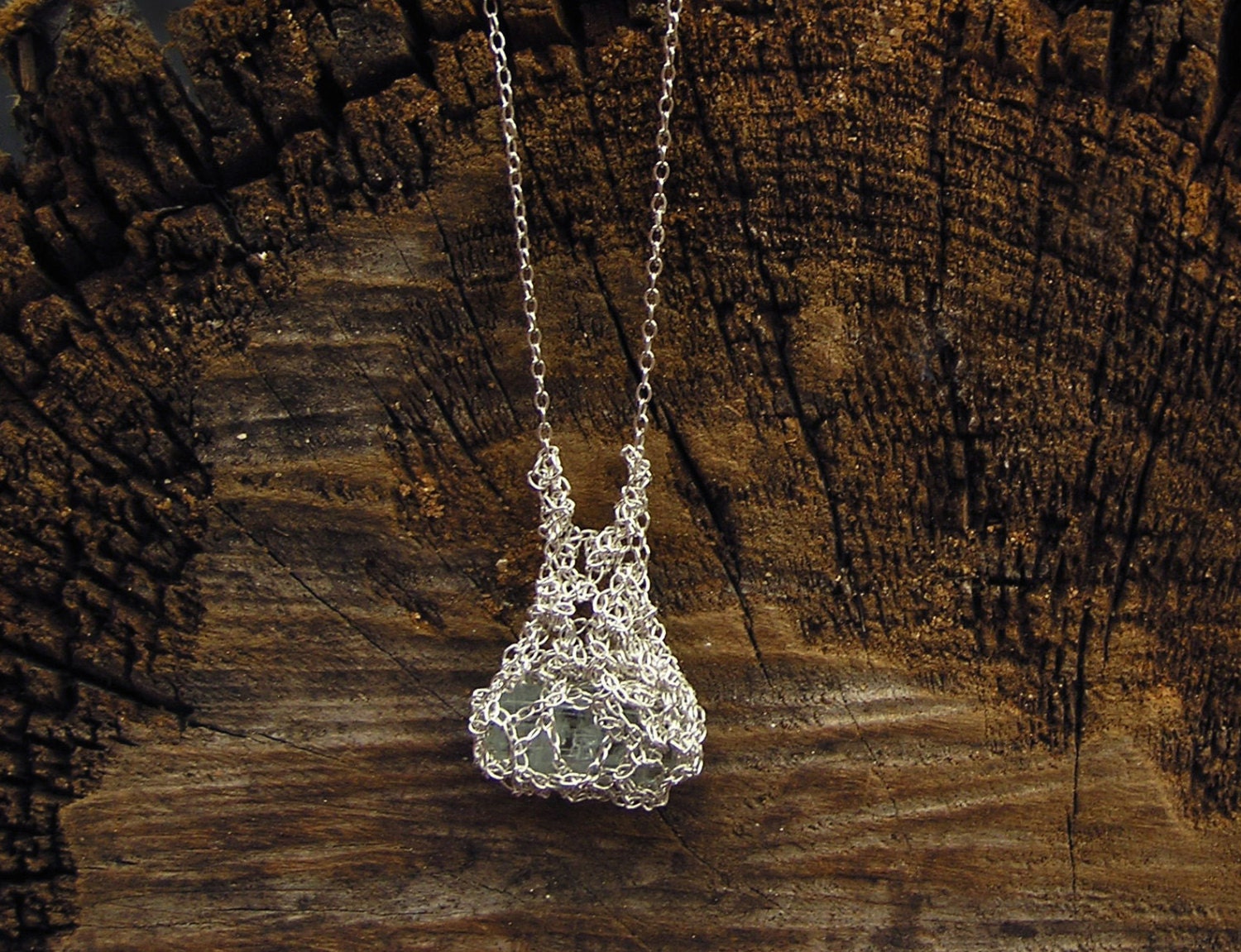 spring sale - raw aquamarine point crocheted silver necklace, handmade jewelry, ooak