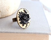Black Rose Ring, Vintage Style Ring, Flower Cameo, Yellow Large Cocktail Ring, Floral Resin Jewelry, Shabby Chic, Victorian Romantic