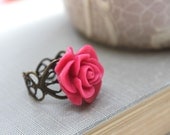 Pink Rose Ring, Flower Cocktail Ring, Dark Fuchsia Pink, Adjustable Filigree Ring, Statement, Spring, Romantic Floral Jewellery