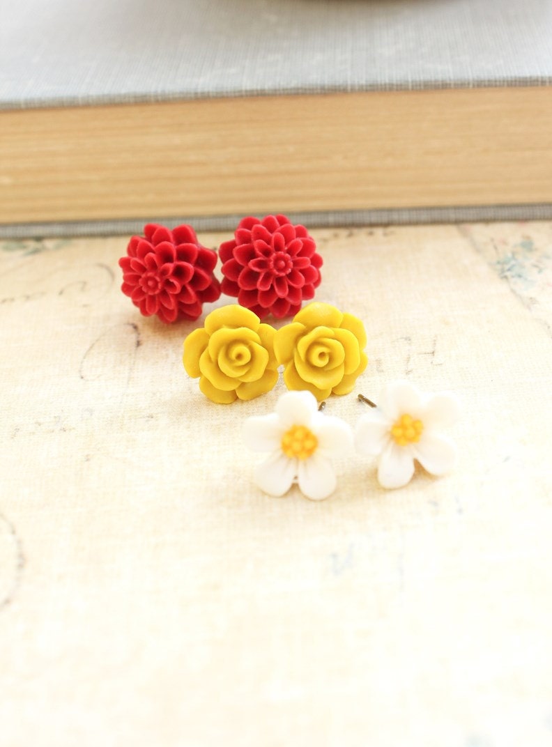 Flower Studs, Gold Mustard Yellow Rose, Cranberry Deep Red Dahlia, White Daisy, Floral Resin, Three Pairs, Spring Jewellery