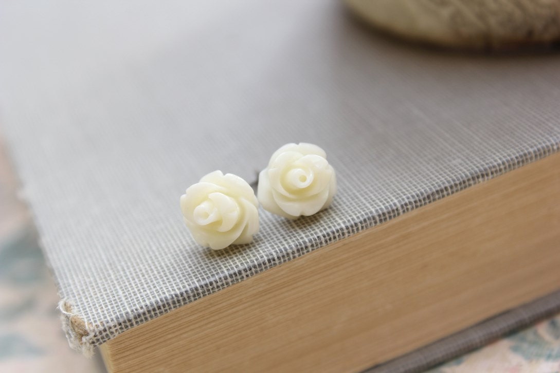 Rose Stud Earrings, Tiny Rose, Ivory Cream Flower, Bridal Jewelry, Floral Spring, Shabby Chic, Resin Post Earrings, Little Petite Rosebud