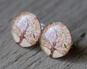 Tree of Life : Natural Brown Tree Fake Plugs, Birds on a Wire, Stud Earrings, Silver, Bohemian, Artisan Tree,
