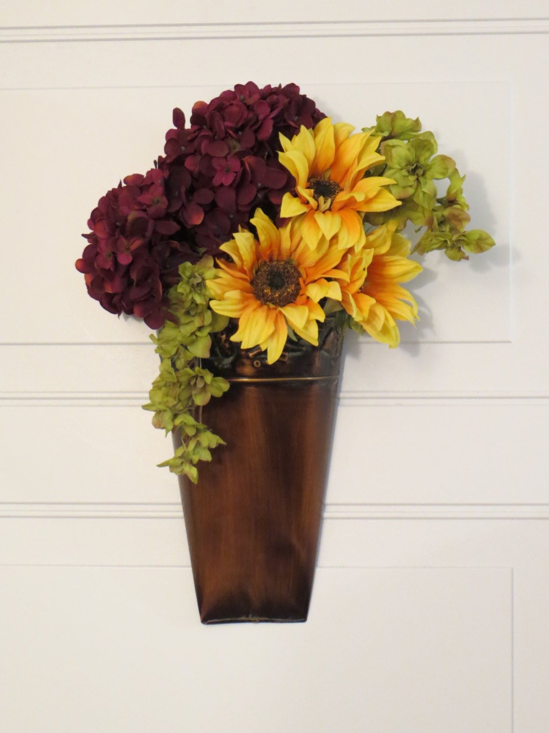 Summer Wreath,  Hydrangea,  Sunflower, Floral Arrangement, Wall Pocket, Burgundy, Yellow,   Home Decor, Summer through Fall Wreath