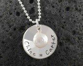 Hand Stamped Necklace - One Disc Charm - Personalized necklace with Coin Pearl - one or two names