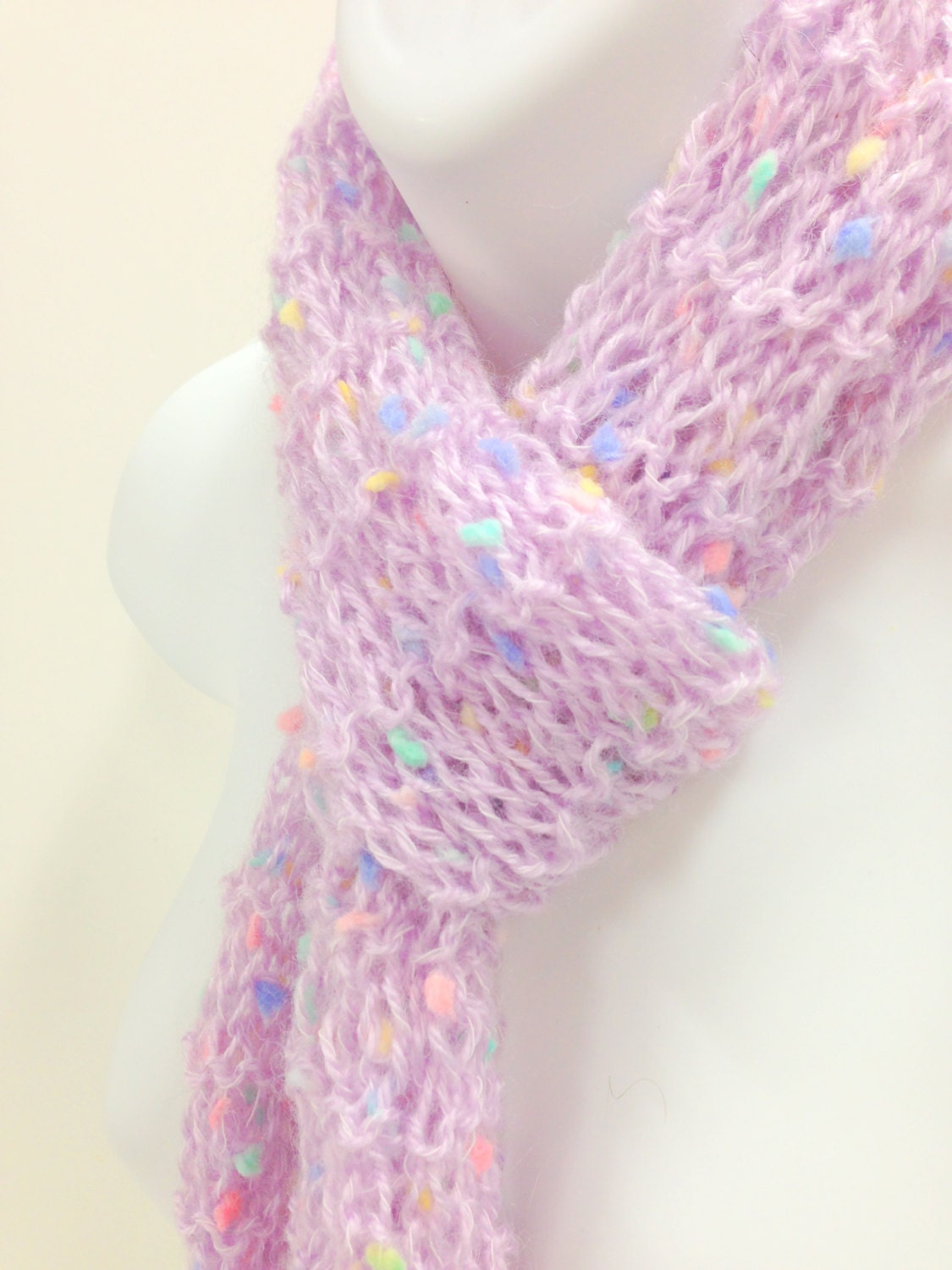 Womens Lightweight Scarf, Small Scarves, Girls Scarf, Knit Scarves, Confeti Yarn, Pastel Scarves, Lavender
