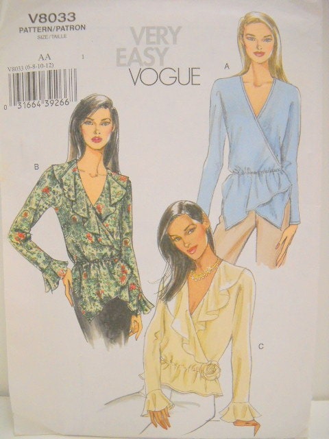 Vogue Pattern, Size 6 thru 12, Un-Cut, Wrap Blouse Pattern, Very Easy Vogue V8033, Womens Blouse Pattern, Sewing Notions