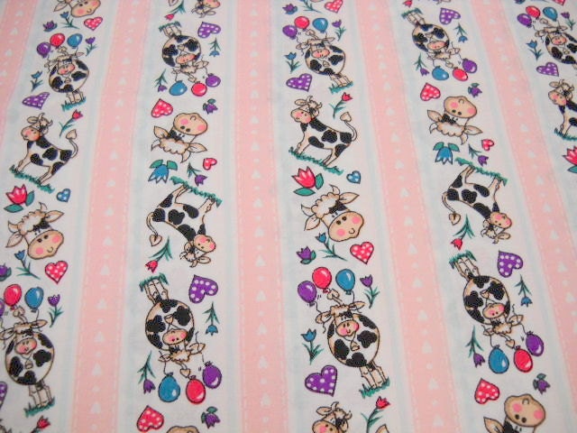 Sewing Fabric, Cow Print Fabric, Sewing Supplies, Remnant, 1 yd Fabric, Quilting, Stripes, Pink, Hearts and Cows