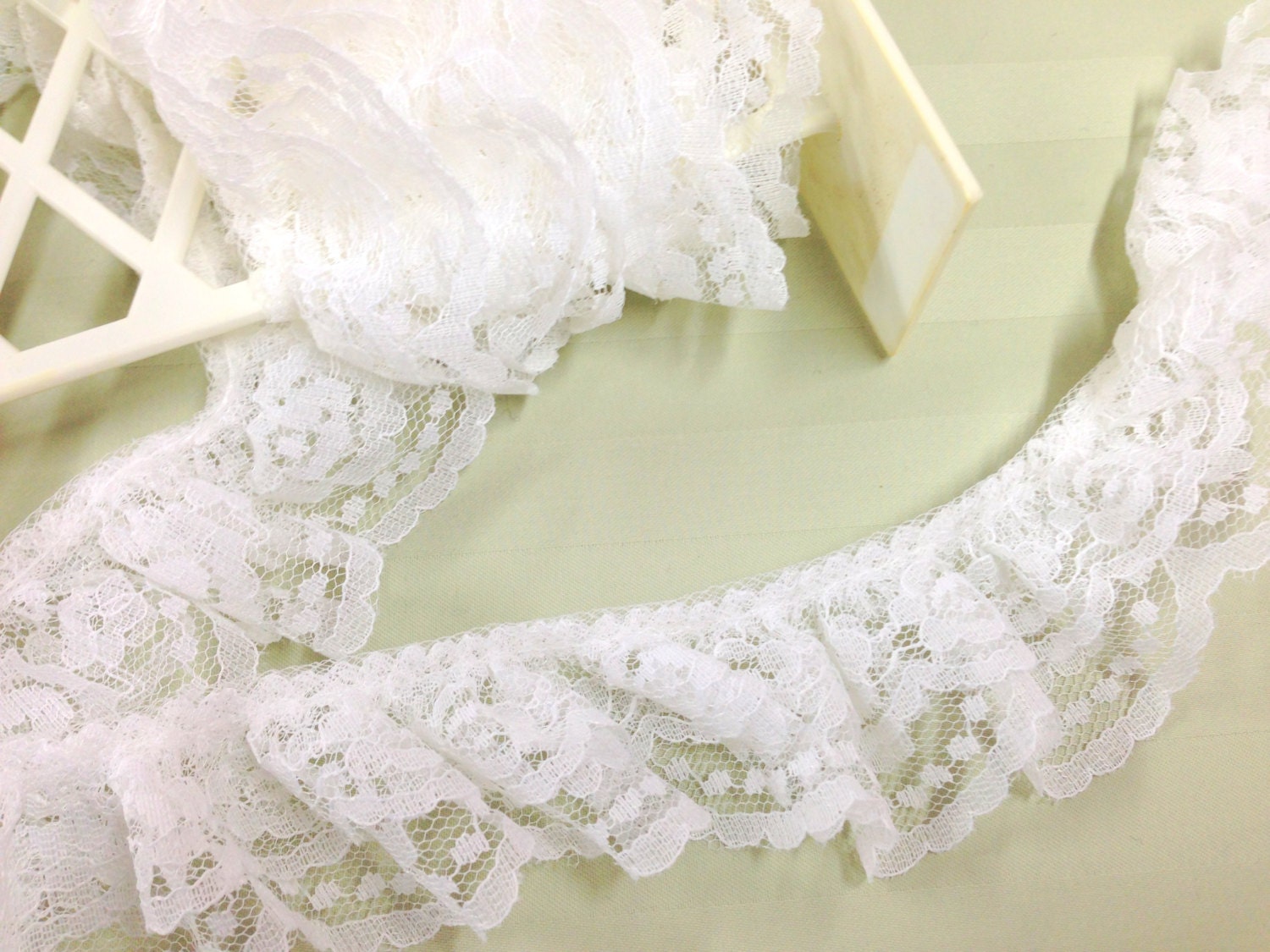 Lace Trim, Gathered Lace, Double Ruffle Trim, Sewing Notions, 4 yards Lace, Weddings, Costuming, Vintage Lace Trim, White